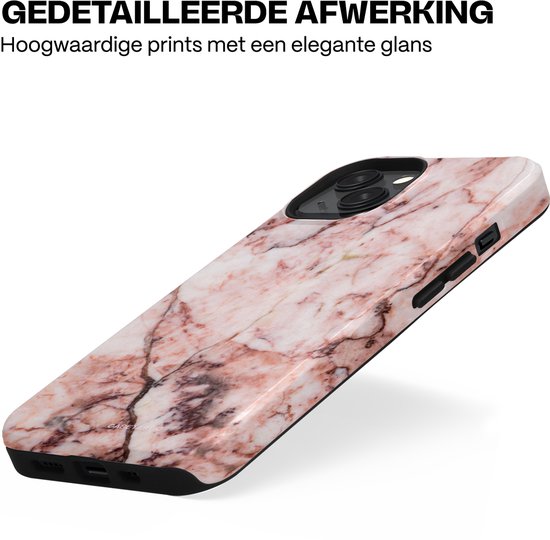 Roze marmeren telefoonhoesje met glanzende afwerking en zwarte randen. Gedetailleerde afwerking.