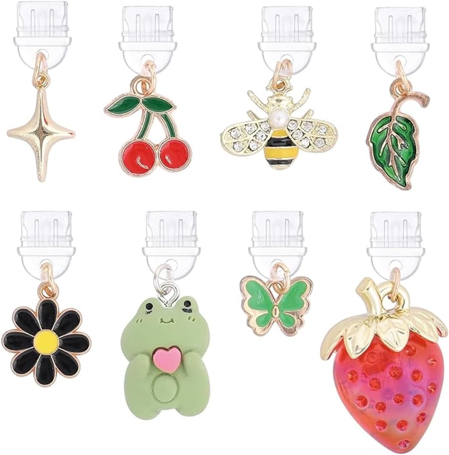 Charm Pendant voor E-readers en Mobiele Telefoons, Frog, Strawberry, Bee Design, Stofbescherming, Type C Oplaadpoorten, Set van 8, Creatieve Accessoires voor Lezers