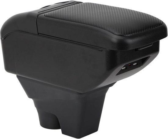 Zwarte auto-armsteun met carbon-look bovenkant en geïntegreerde USB-oplaadpoorten aan de voorzijde.