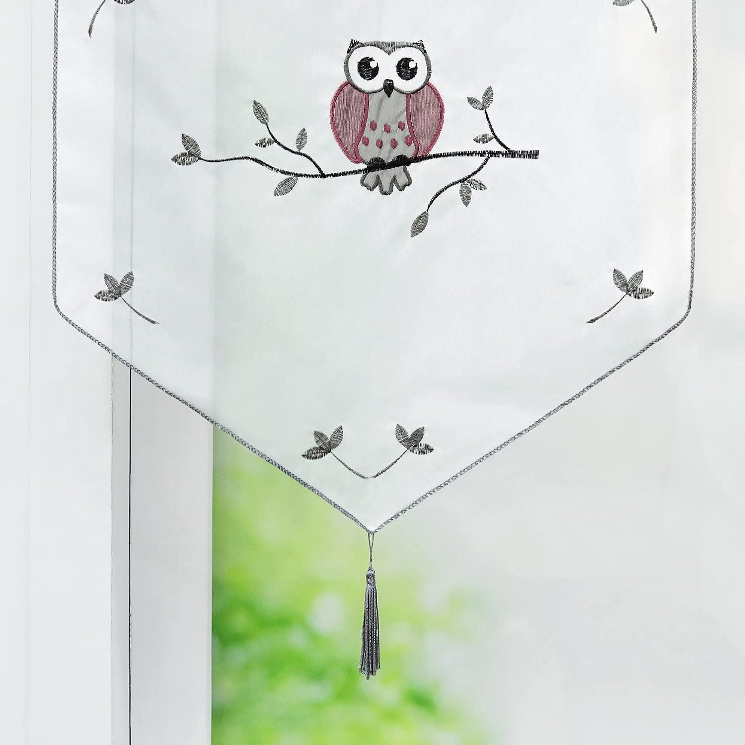 Heichkell Voile Net Curtains Owl Pattern Transparent Embroidered Bistro Curtain with Tassel Window Curtains Drawstring - ShopVlot
