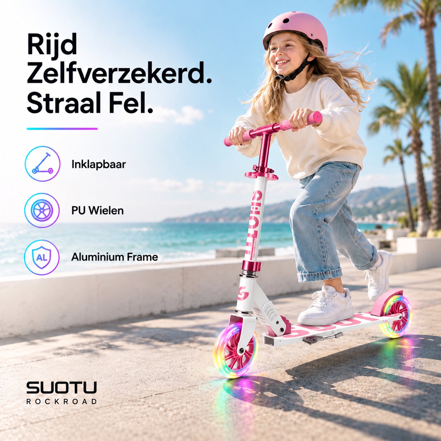 Suotu Kinderstep - 145mm Lichtgevende Wielen - Step - Speelgoed Jongens/Meisjes - Max stuurhoogte: 85 cm - Aluminium - Roze/Wit thumbnail 3