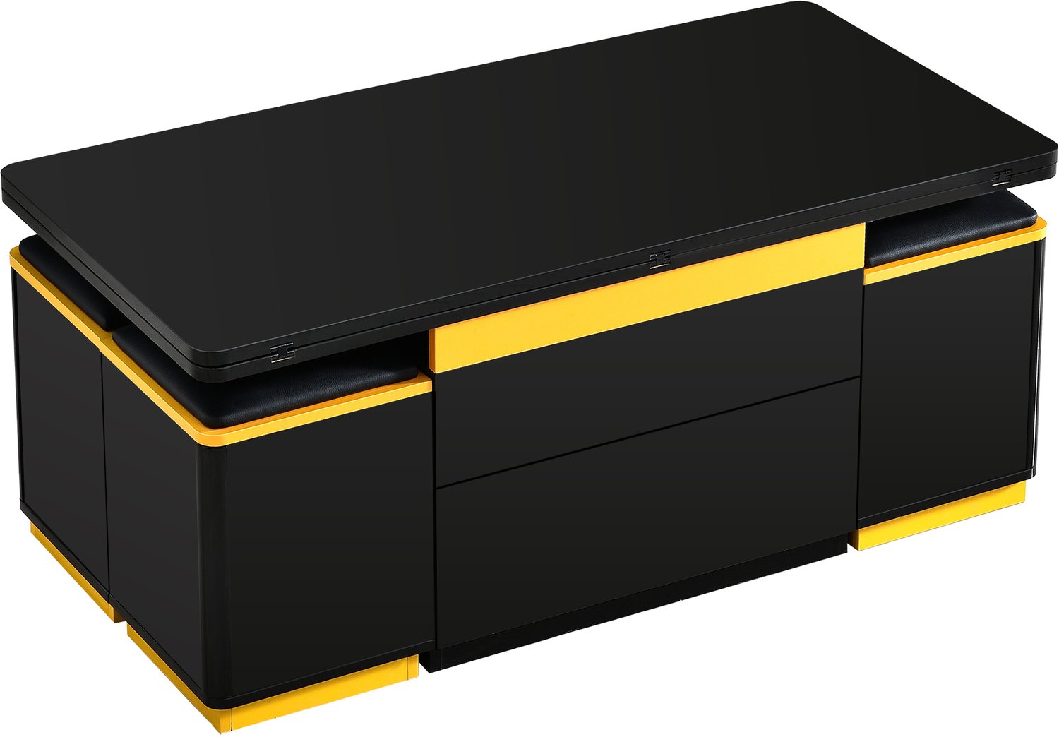 SONNENH Salontafel met lift- en klapblad en 4 opberghockers - Zwart-geel - 100 x 50 cm