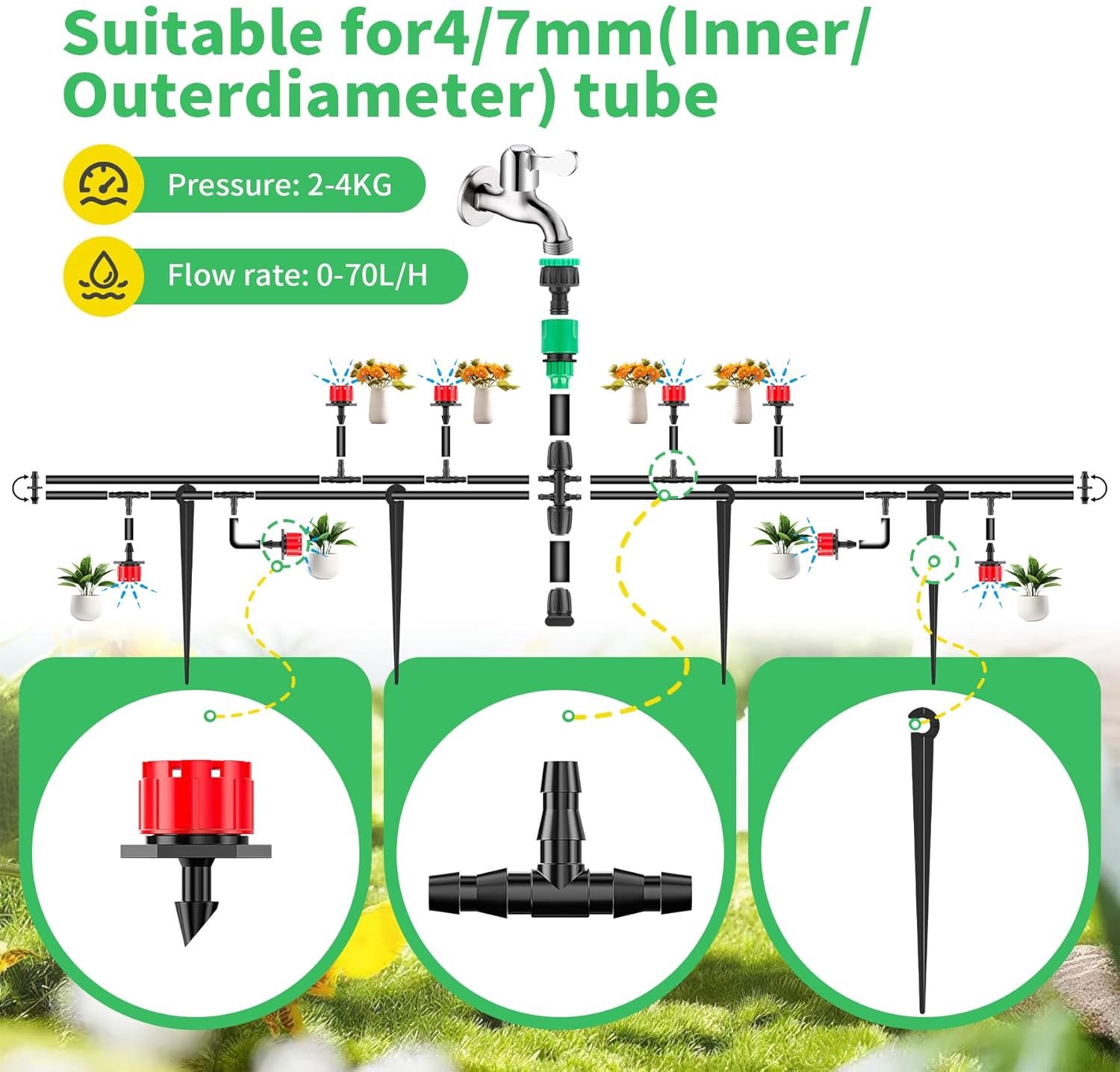 SnelShoppen - 180-delige Drip Irrigation Set voor Tuin, Kassen en Gazons - 60 Verstelbare Druppeltips, 60 T-Connectoren, 60 Grondankers - Rood - Perfe