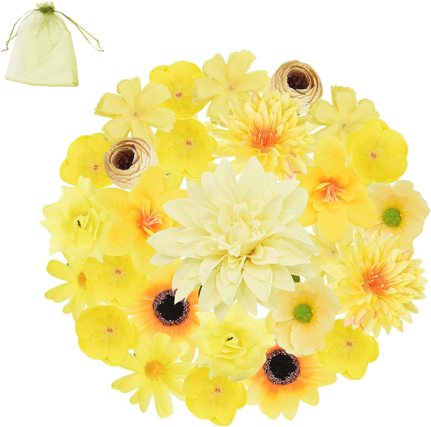 SnelShoppen - 32 Stuks Kunstbloemen Decoratie, Mini Gele Mix Kunstbloemen, DIY Decoratie voor Bruiloften, Feest, Thuis, Tuin, Scrapbooking en Ambachte