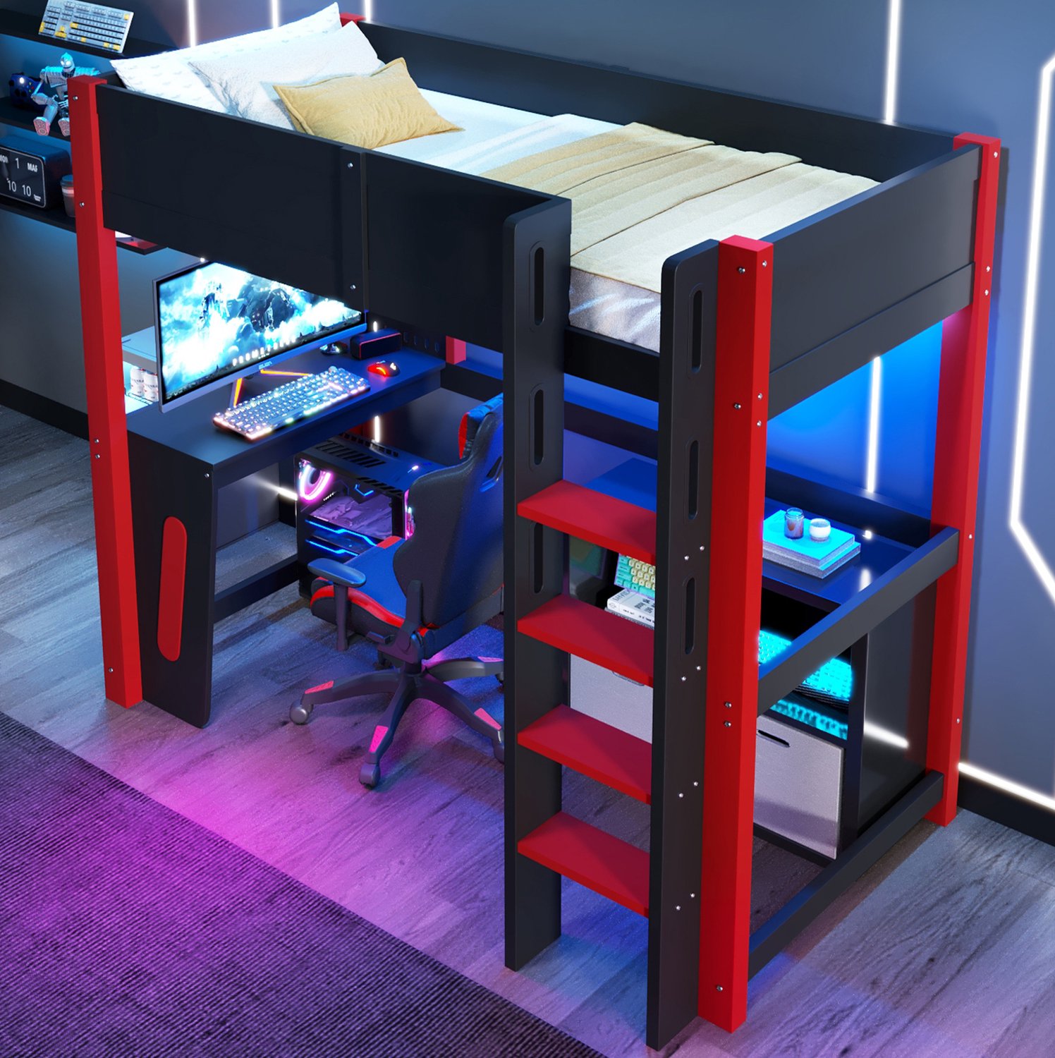 MIVRAY Hoogslaper 90 x 200 cm - Met Bureau, Ledverlichting en Gatenpaneel - Voor Kinderkamer - Hout en MDF - Zwart Zonder Matras