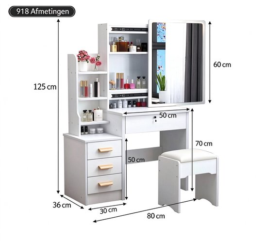 Overzicht met afmetingen van de witte kaptafel: 125 cm hoog, 80 cm breed en 36 cm diep.