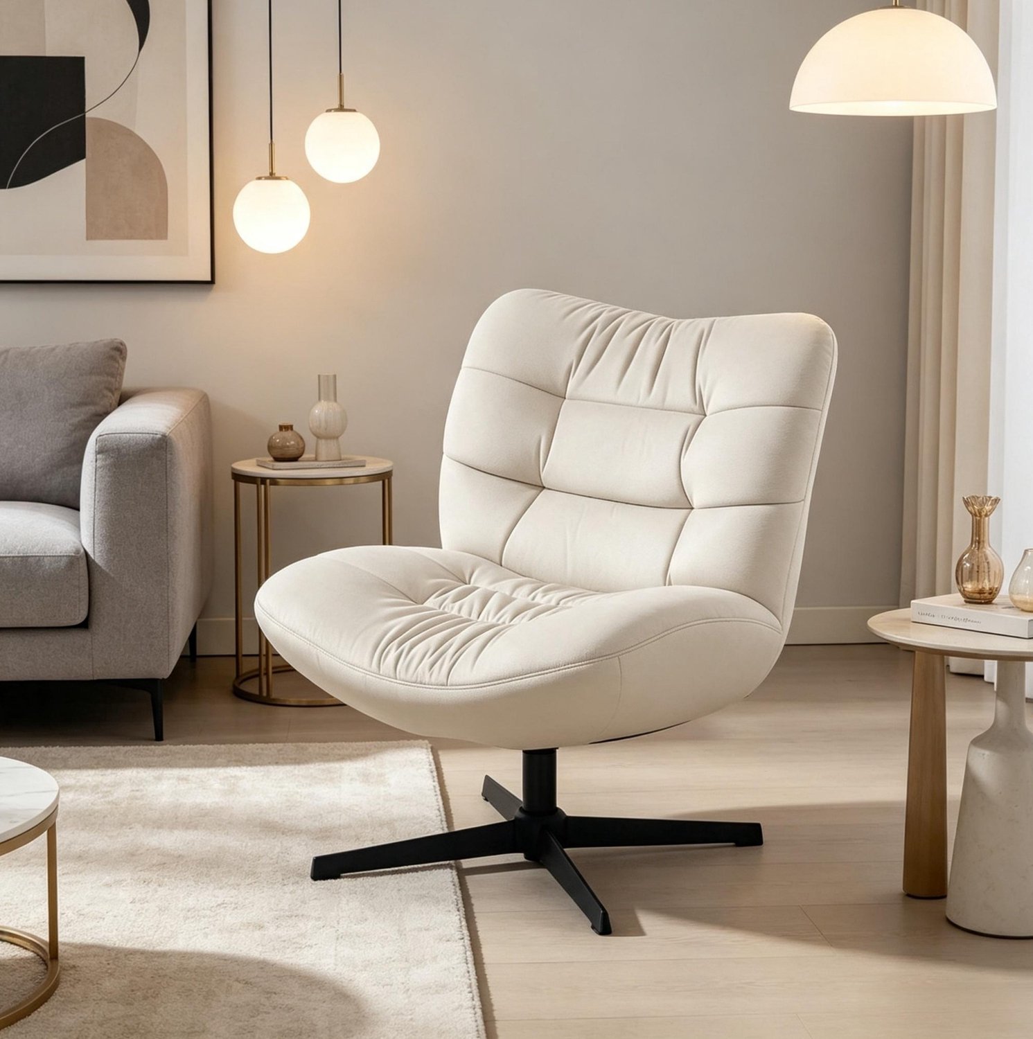 MODFU Fauteuil - Draaibaar - Chenille - Crème - 70 X 80 X 82 Cm