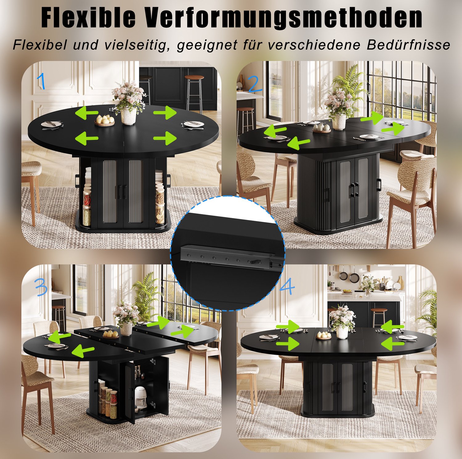 FloraGrace Uitschuifbare Eettafel - Verborgen Opbergruimte Voor 2 Tot 6 Personen - MDF En Metaal - 118-158x118x76 Cm - Zwart