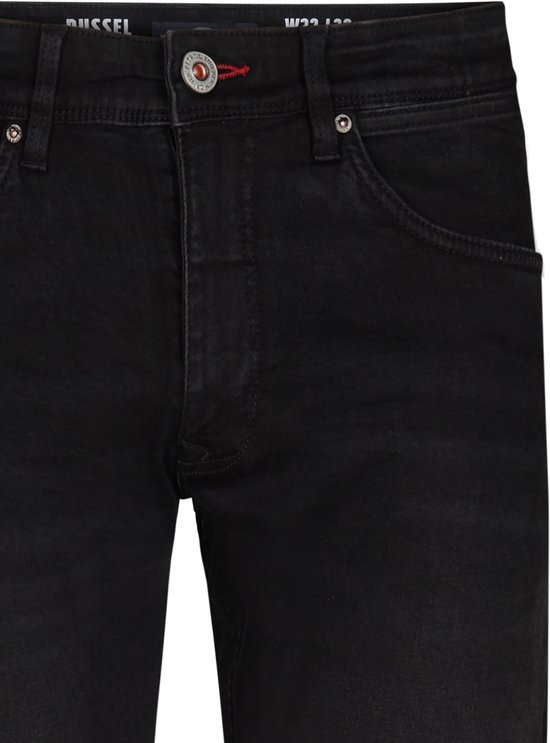 Zwarte Petrol Industries jeans met regular tapered fit en knoopsluiting met rood detail.
