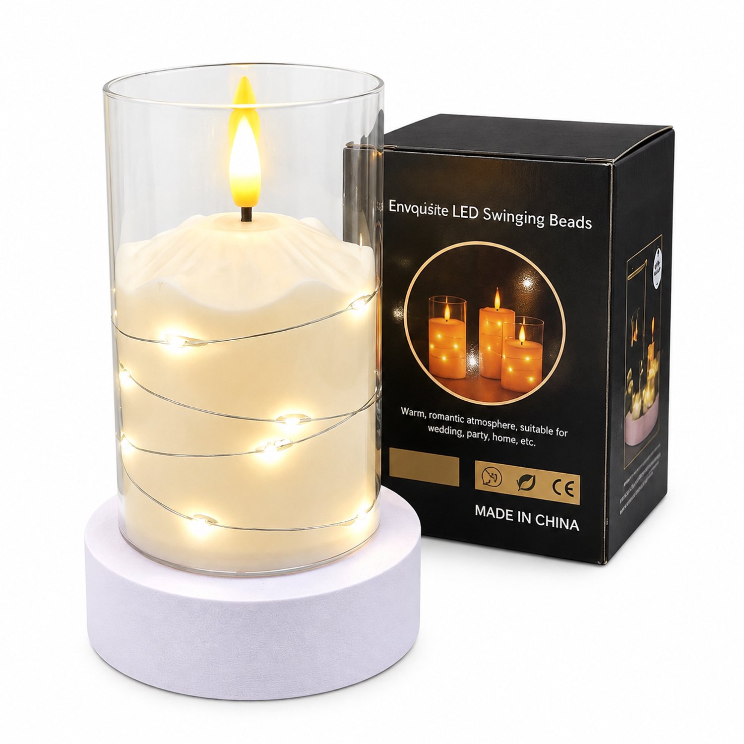 led kaarsen - 1 decoratieve LED-kaars, 7,5 x 12,5 cm, kunststof, vlamvormige top en lichtdraad, zonder batterijen