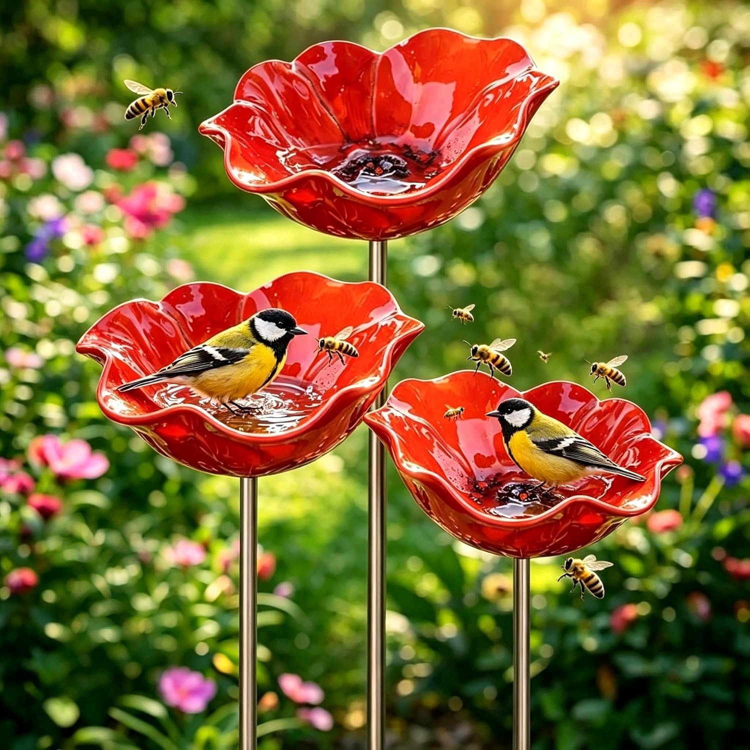 Driedelige, vorstbestendige set (bloemvormig): vogelbad/voederbak & drinkplaats voor insecten/bijen – met metalen tuinsteker (rood)