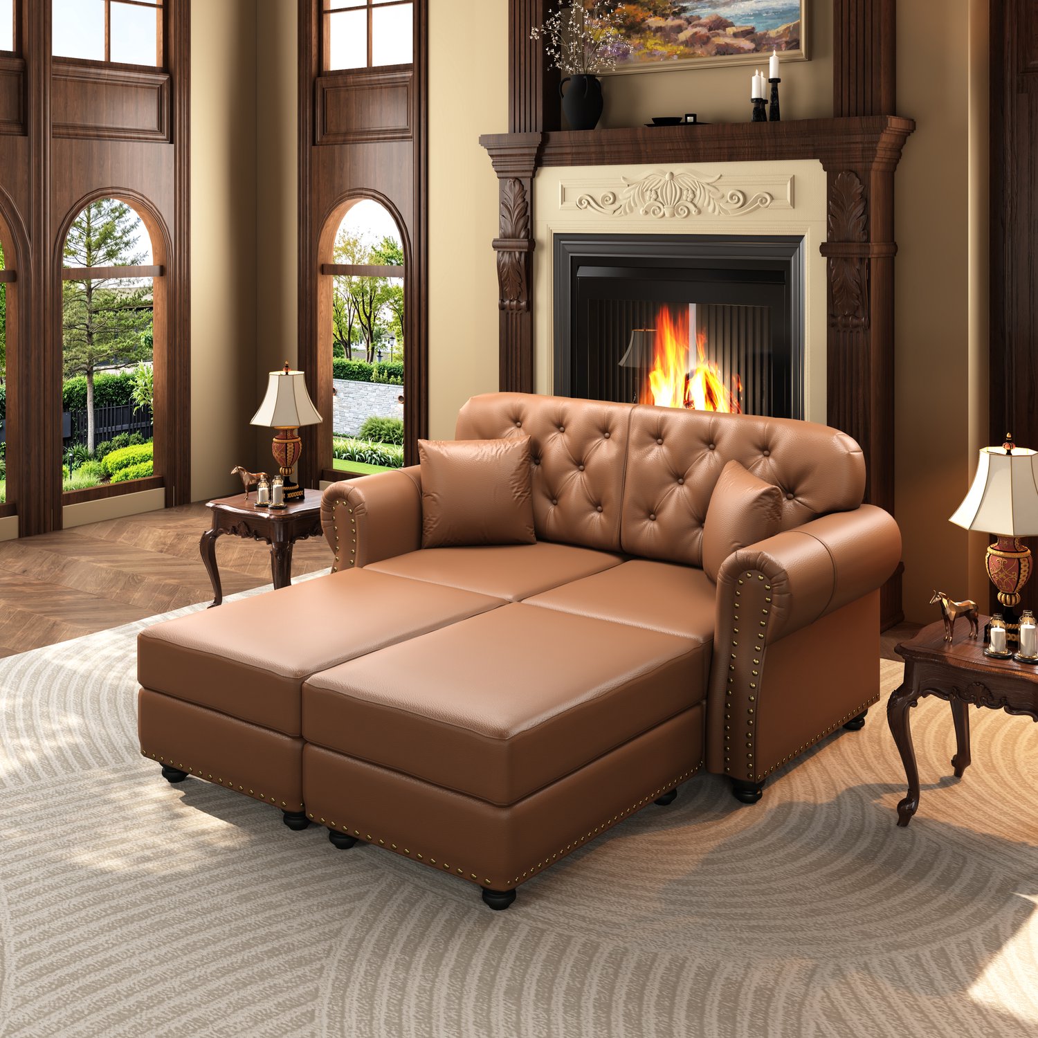 REDOM Chesterfield bank 160 cm - 2-zits met 2 hockers en knopen - Bruin