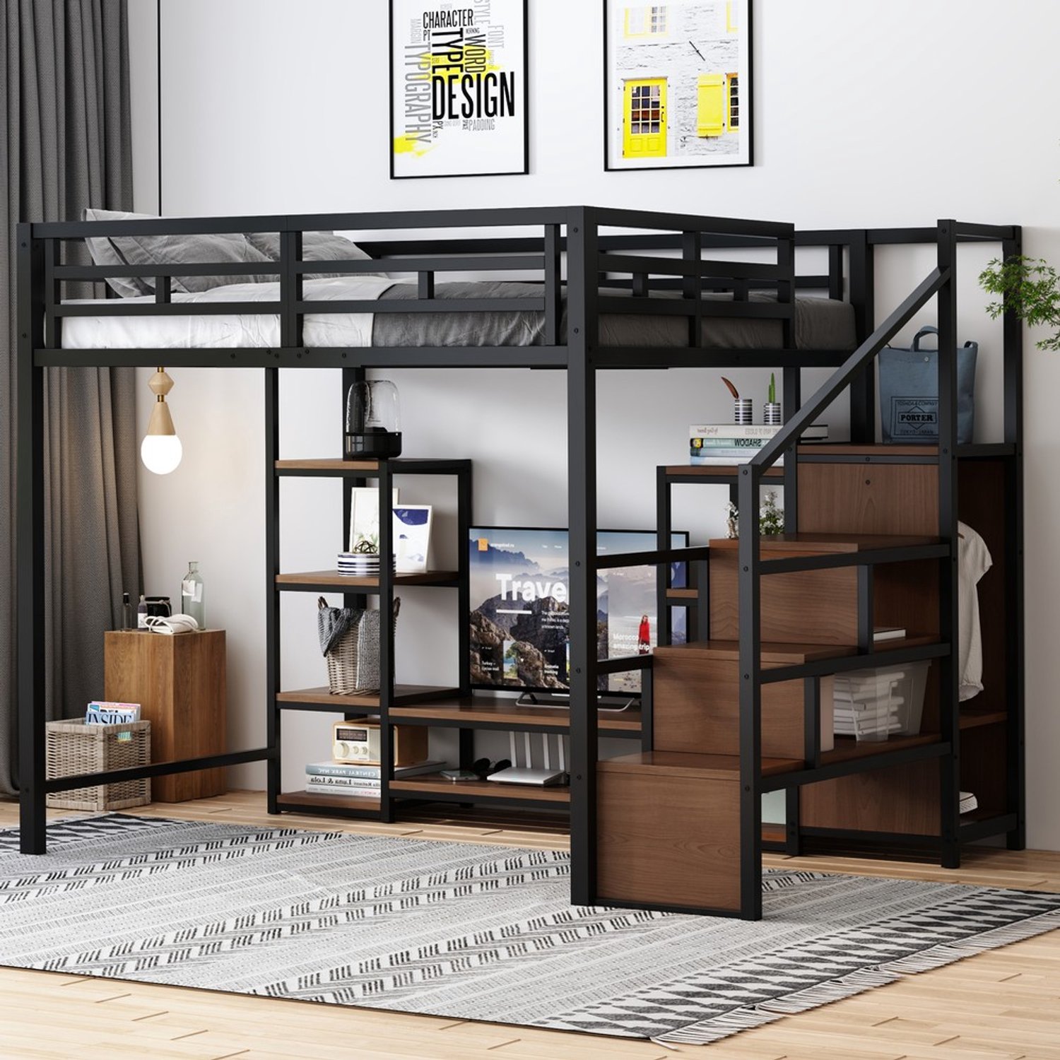 KOMHTOM Hoogslaper 140x200 met tv-standaard, stopcontact en veiligheidsladder, stevige combinatie van metaal en hout, moderne, ruimtebesparende hoogslaper, kinder stapelbed met praktische opbergruimte, zwart