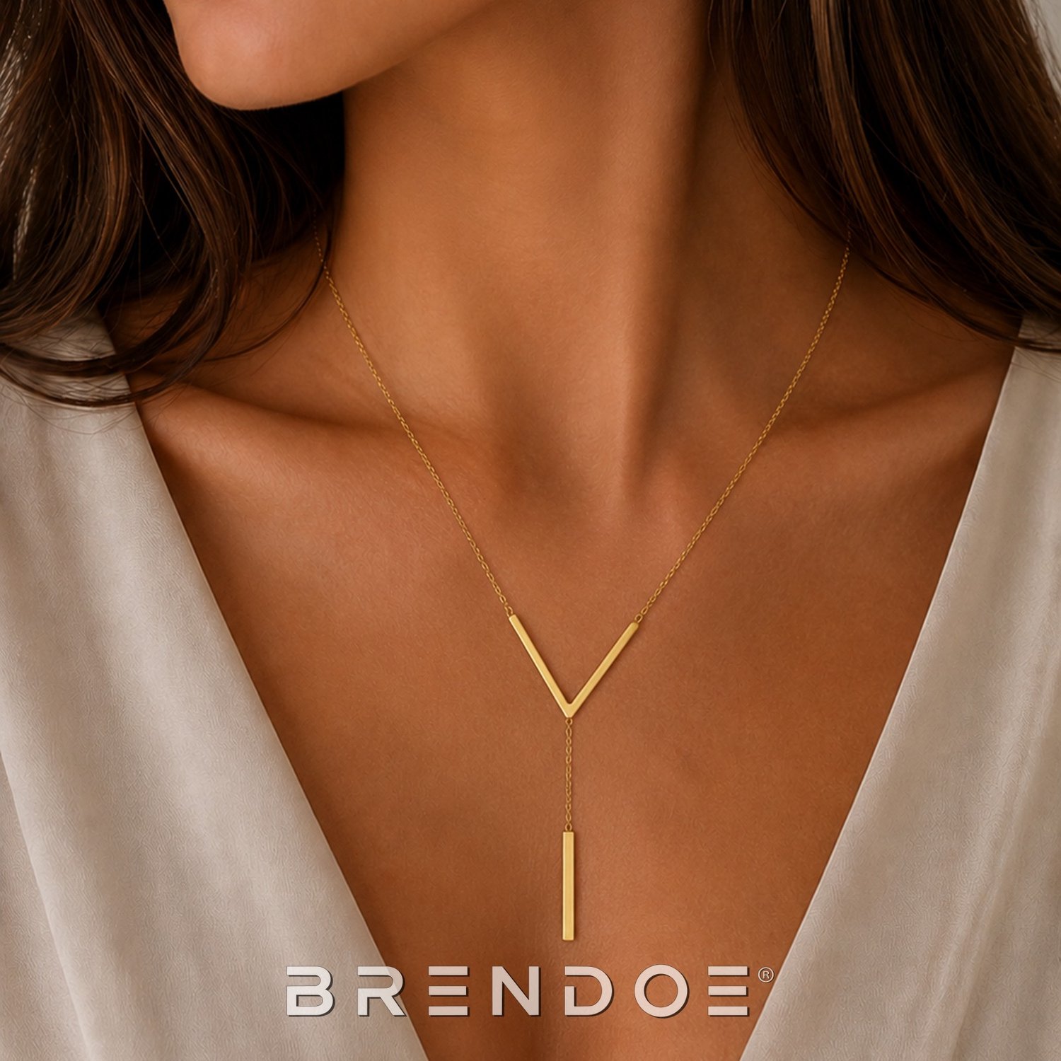 Brendoe Goudkleurige Y-Ketting Dames – V-Hanger – 304 RVS – 18K PVD Verguld – Verstelbare Ketting 41+5 cm