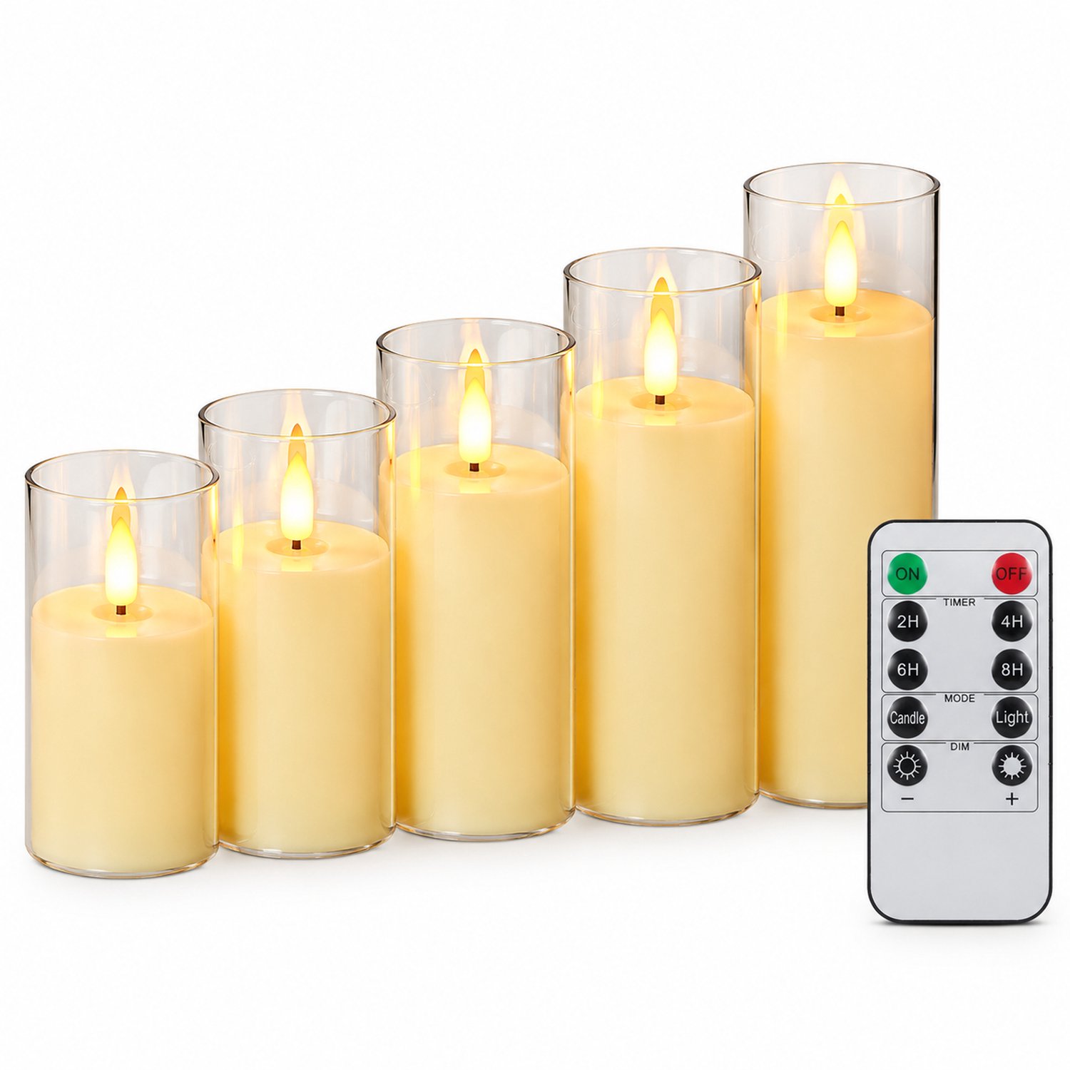 led kaarsen, set van 5, ivoorkleurig met transparante huls en vlamvormige LED, afstandsbediening, diameter 5,5 cm, hoogtes 10/12,5/15/17,5/20 cm, voor feestdecoratie
