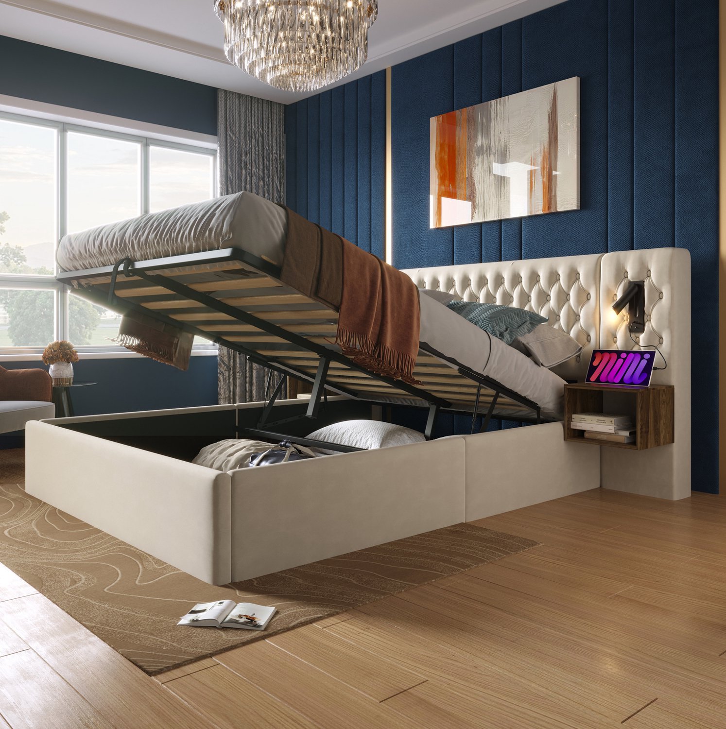 WUVRIE Opbergbed 180x200 cm - Hydraulisch met 2 nachtkastjes, leeslampen en USB en Type-C - Beige