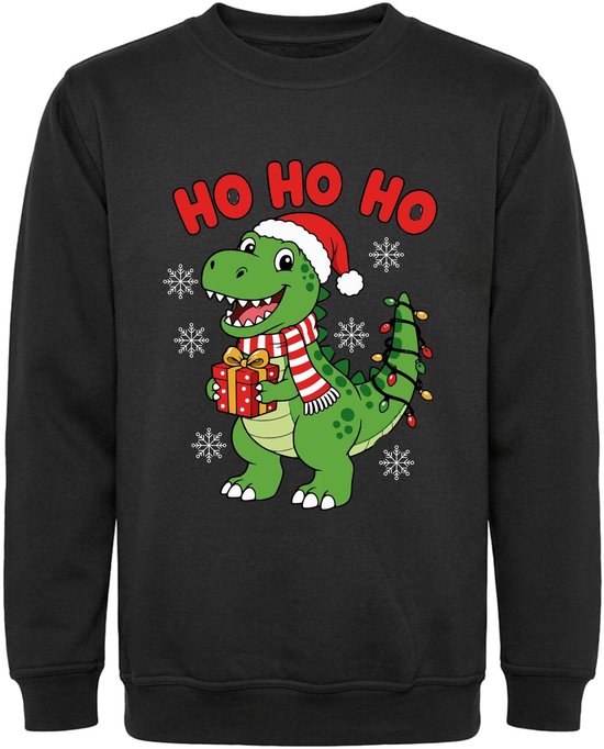 Zwarte sweater met een kerst-dinosaurus in een muts en sjaal, met cadeautje en kerstverlichting, tekst 'HO HO HO'.