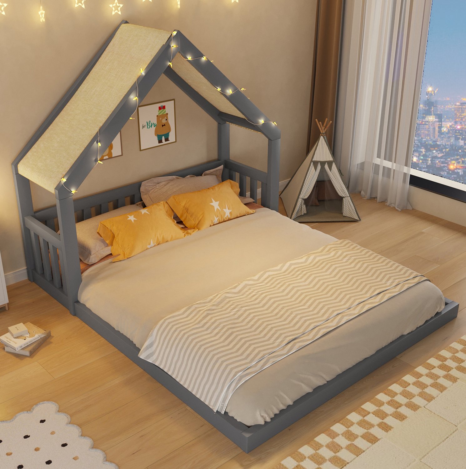 WUVRIE Huisbed 140x200 cm - Stoffen dak met lichtslinger - Grijs