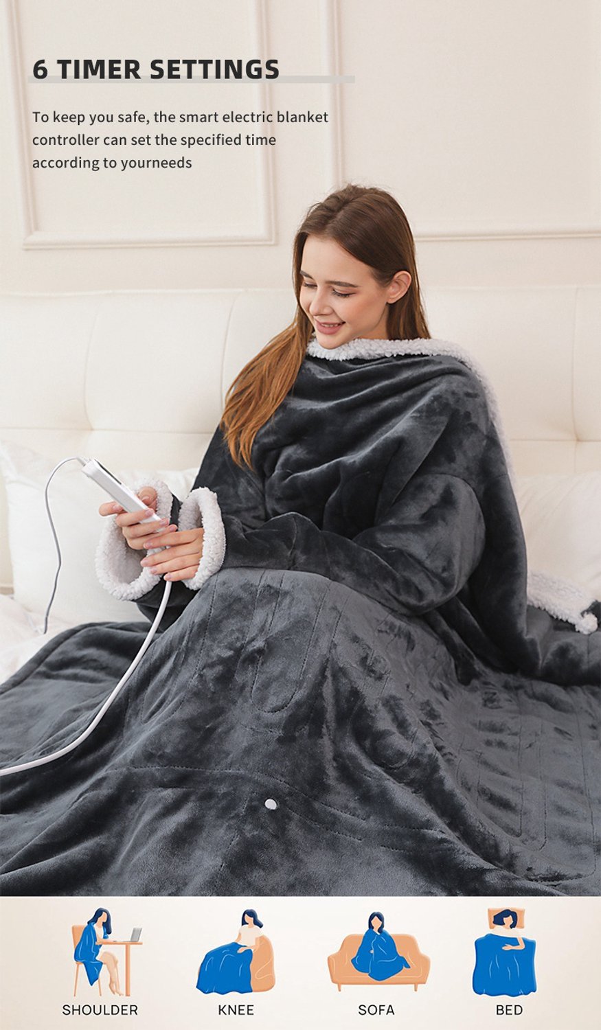 Elektrische Draagbare Warmtedeken met Mouwen en Voetenzak – Verwarmde Poncho met 8 Warmtestanden en Timer van 1–12 Uur – Machinewasbaar – 127 × 177 cm – foto 8