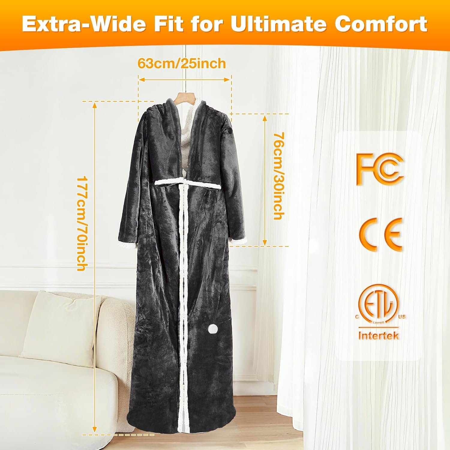 Elektrische Draagbare Warmtedeken met Mouwen en Voetenzak – Verwarmde Poncho met 8 Warmtestanden en Timer van 1–12 Uur – Machinewasbaar – 127 × 177 cm – foto 7