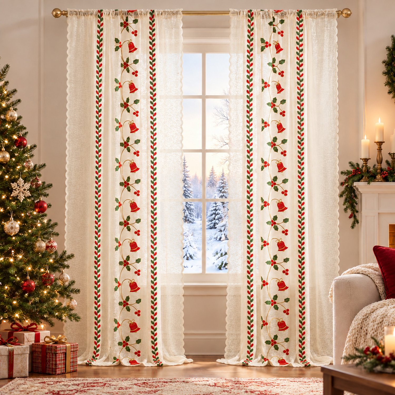 Qelus 2 Stuks Kerstgordijnen van Vitrage - Met Geborduurde Kerstklokjes en Hulst - Kant-en-klaar met Tunnelzoom - Lichtdoorlatende Raamdecoratie voor Woonkamer en Slaapkamer - Crème - 150 x 244 cm Crème - 2 Stuks