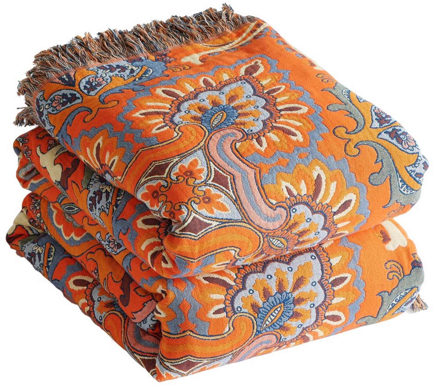 Boho Katoenen Muslin Deken Patchwork 230x250 cm - Oranje/Groen