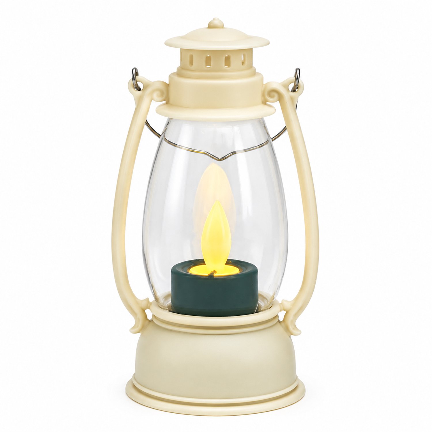 led kaarsen - Beige retro lantaarn met kaarsvlam en draagbeugel, 13 x 7,5 x 6 cm, decoratieve sfeerverlichting