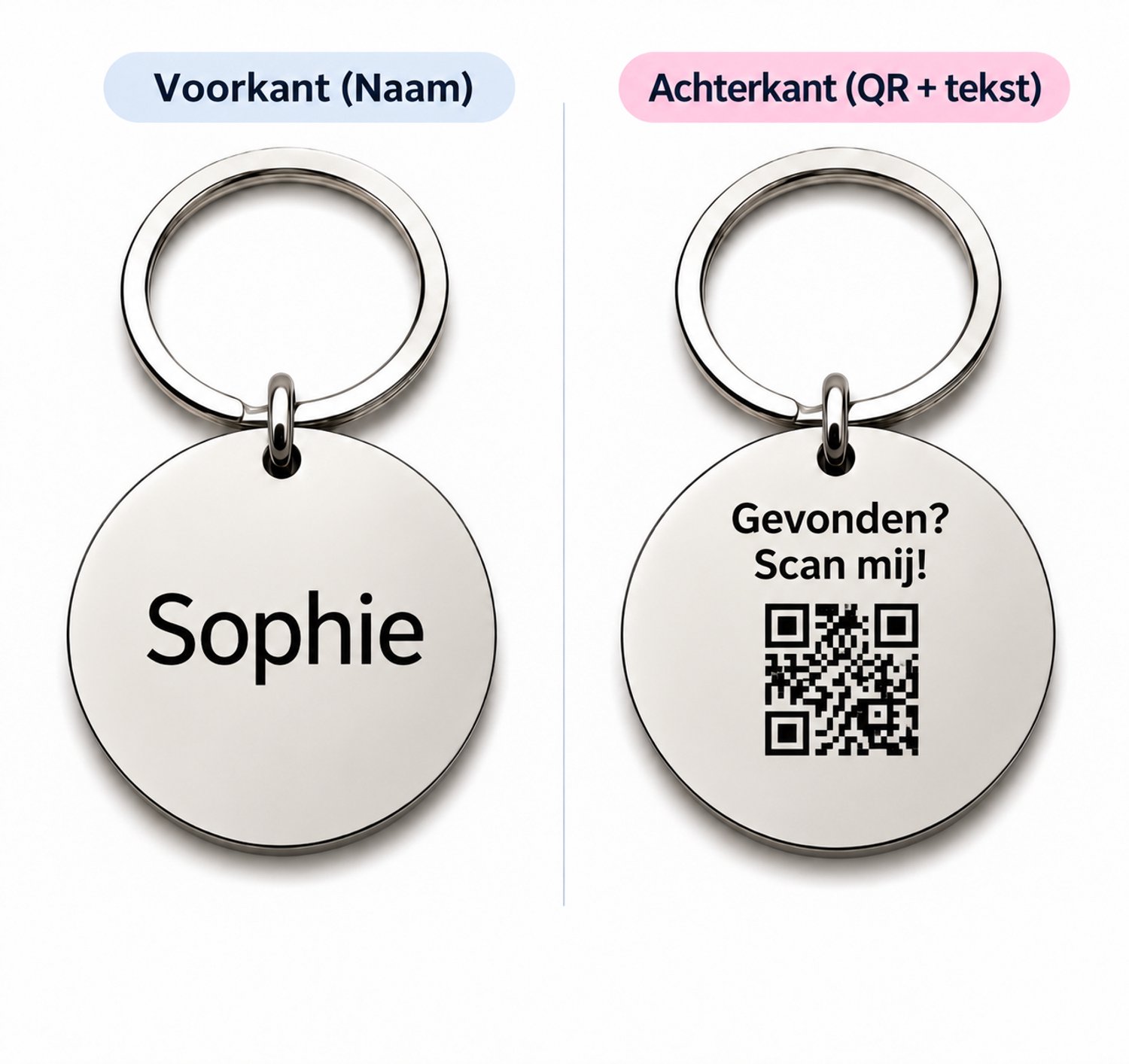 Engravia by Derya – Gepersonaliseerde Sleutelhanger Kind met Naam en QR-code – Stainless Steel – Zilverkleurig Rond 3 cm – Dubbelzijdige Gravure – Tashanger voor Schooltas en Rugzak