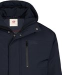 Donkerblauwe Petrol Industries parka met capuchon, rits- en drukknoopsluiting en borstzak met rits.