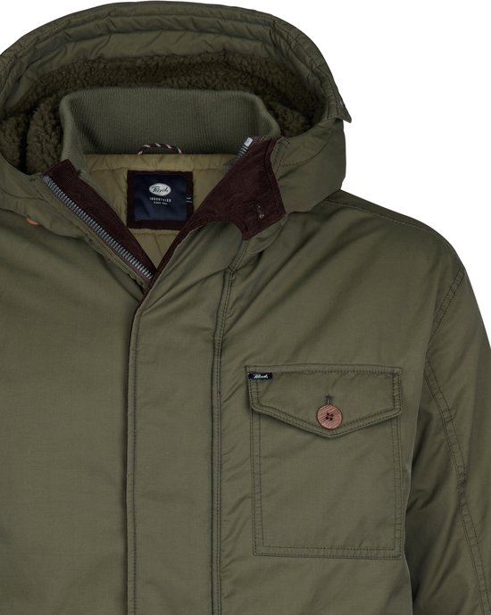 Olijfgroene Petrol Industries parka met gevoerde capuchon, bruine corduroy kraagdetails en borstzak met knoop.