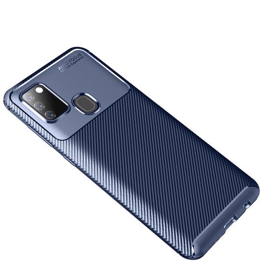 Carbon Fiber TPU Back Cover Samsung Galaxy A21s Hoesje Blauw