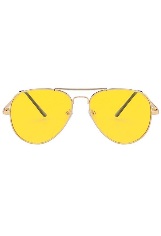 KIMU Bril Avator Heren - Goud Montuur - Gele Glazen - Nachtbril Autorijden Wintersport Gouden Pilotenbril Seventies Vintage Zonnebril Geel Uv Festival