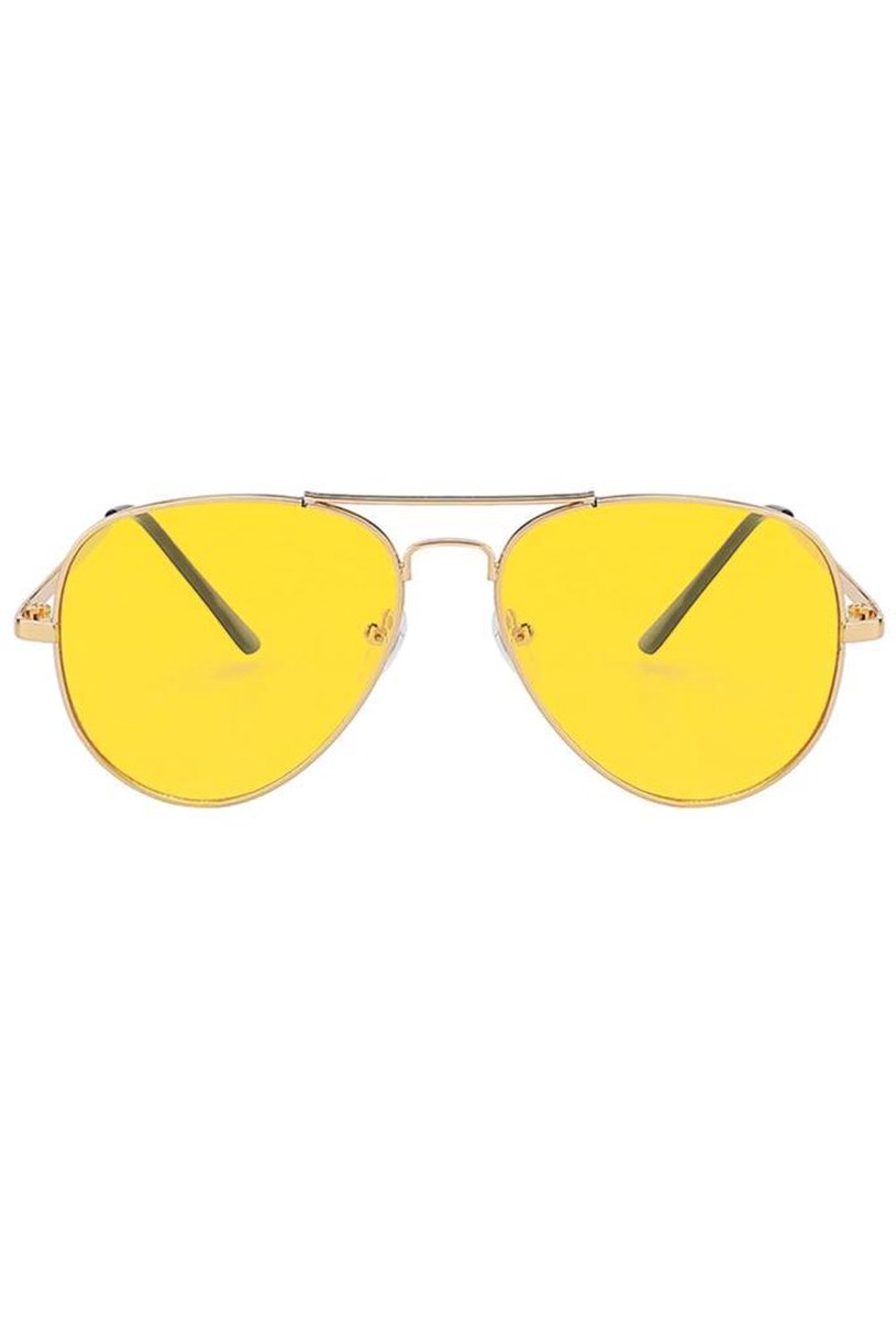 KIMU Bril Avator Heren - Goud Montuur - Gele Glazen - Nachtbril Autorijden Wintersport Gouden Pilotenbril Seventies Vintage Festival Zonnebril Geel Uv Carnaval