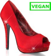 BELLA-12R red satin pin-up rockabilly peeptoe pump with diamond stones on heel and platform - (EU 36 = US 6) - Bordello