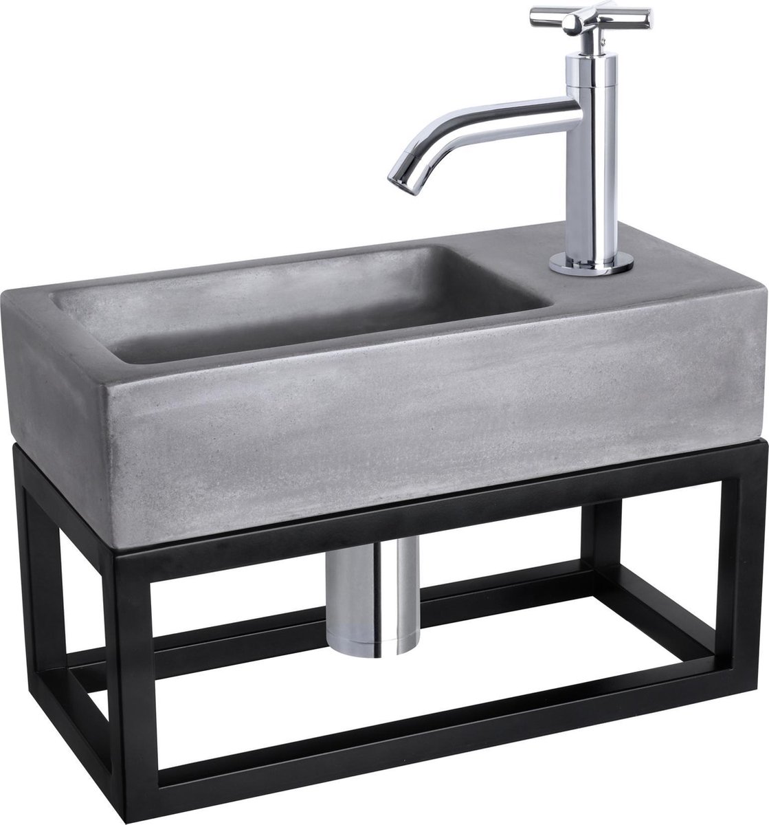 Differnz Ravo Fonteinset 38.5x18.5x25cm 1 kraangat gebogen kruisgreep chrome kraan met sifon en afvoerplug fontein Rechthoek Beton Donker grijs