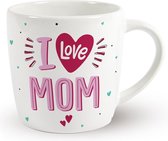 Mok -  I love mom - Gevuld met een mix van verpakte toffees - In cadeauverpakking met lint