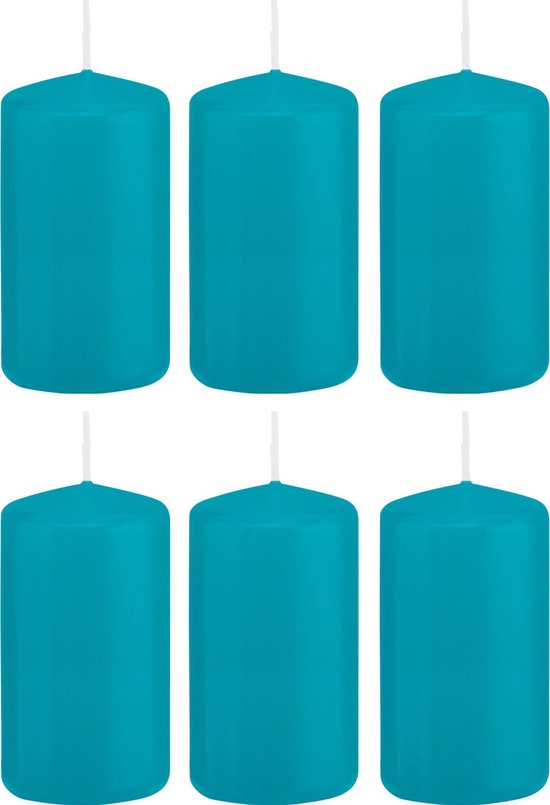 6x Turquoise blauwe cilinderkaarsen/stompkaarsen 6 x 12 cm 40 branduren - Geurloze kaarsen turkoois blauw - Woondecoraties