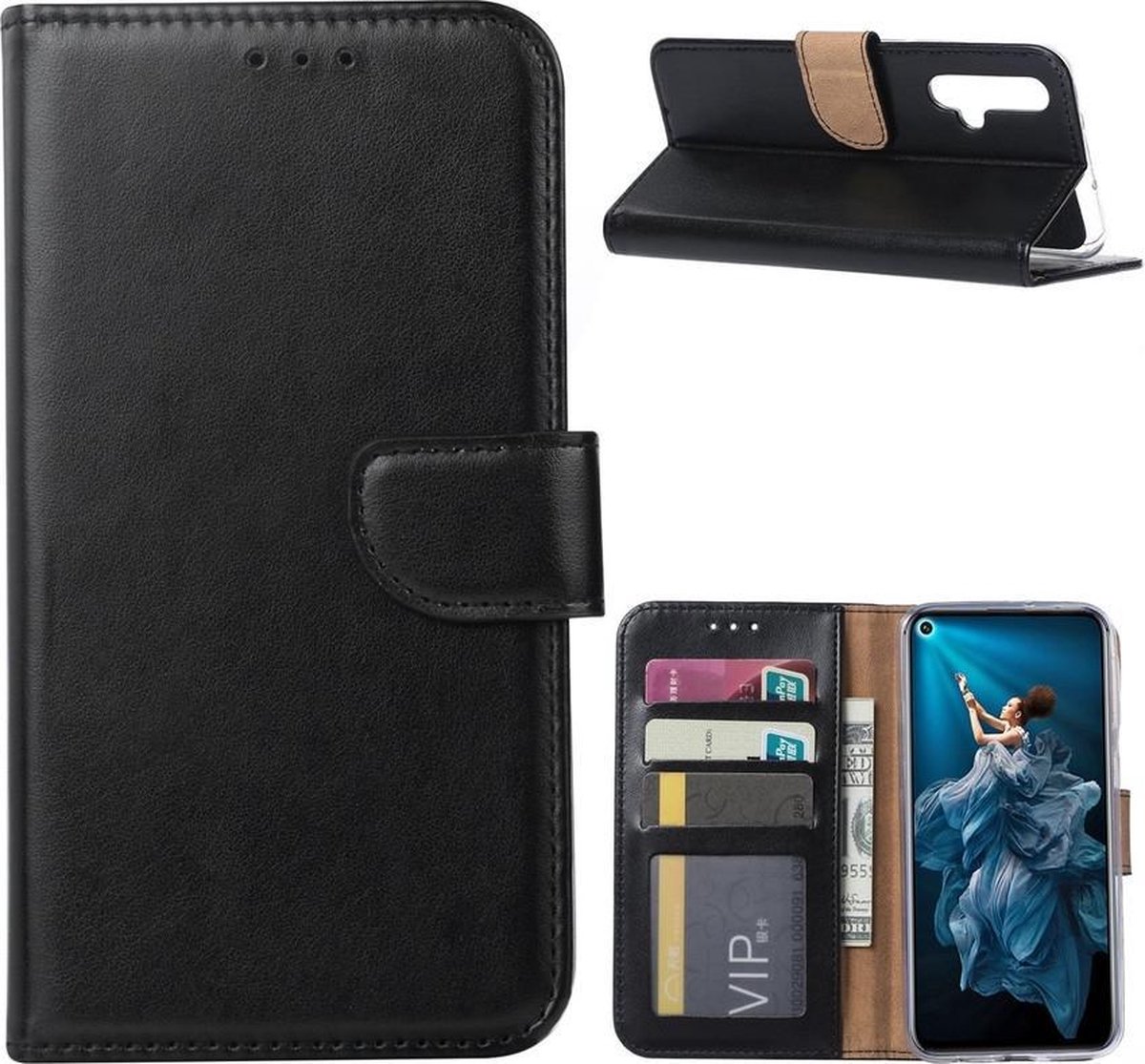 Bookcase Geschikt voor: Huawei Nova 5T - Bookcase Zwart - portemonnee hoesje