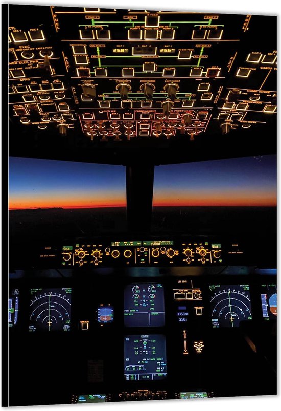 Dibond –Cockpit van Vliegtuig met Zonsondergang– 40x60 Foto op Aluminium (Wanddecoratie van metaal)