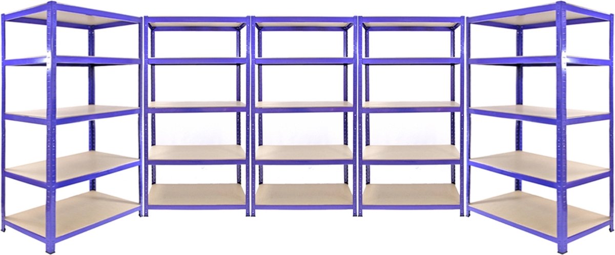 Set Q-Rax Stellingen: 3 x grote rekken en 2 x extra grote rekken - Elk rek heeft 5 MDF planken - Opbergen - Rekken