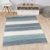 Kelim vloerkleed strepen handweef Bomull - blauw/wit 70x250 cm