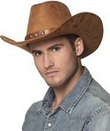 Model met een bruine suède look cowboyhoed, met studs en een leren band.