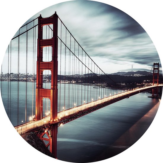 rond Glasschilderij San Francisco - schilderij - Golden Gate Bridge - Foto print op glas - diameter 100 cm - rood grijs - schilderijen woonkamer slaapkamer - muurdecoratie