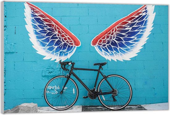 Acrylglas –Fiets voor Blauwe Muur met Graffiti Vleugels  -120x80 (Met ophang)