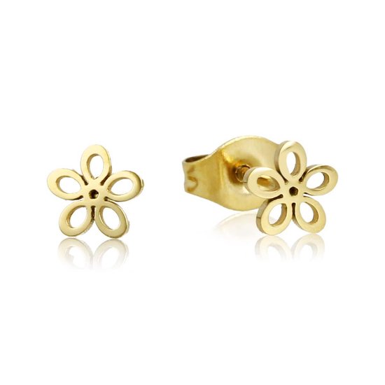 Goudkleurige open bloemen oorstekers 6mm - Goudkleurige oorstekers van open bloemen - Met luxe cadeauverpakking