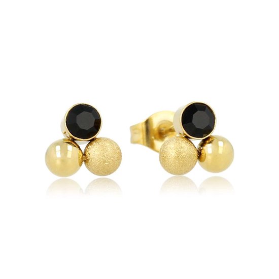 Oorknopjes goudkleurig met zwarte zirkonia 8mm - Goudkleurige drievormige oorstekers met zwarte zirkonia - Met luxe cadeauverpakking