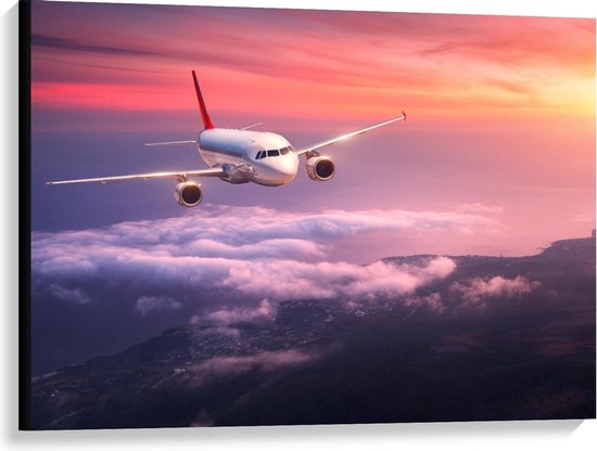 Canvas  - Vliegtuig bij Zon boven de Wolken - 100x75cm Foto op Canvas Schilderij (Wanddecoratie op Canvas)