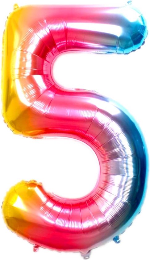 Folie Ballon Cijfer 5 Jaar Regenboog 36Cm Verjaardag Folieballon Met Rietje