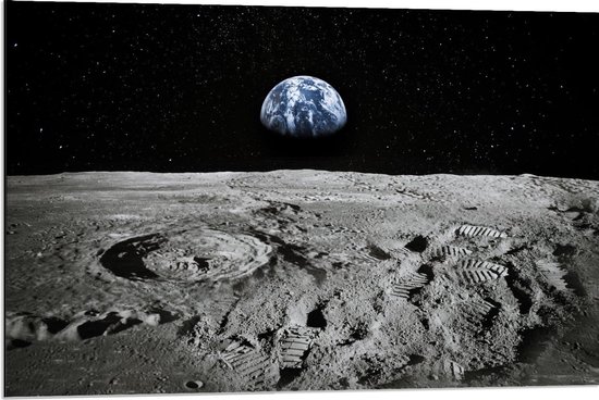 Dibond - Uitzicht op de Aarde vanaf de Maan - 90x60cm Foto op Aluminium (Met Ophangsysteem)