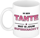 Ik ben tante wat is jouw superkracht mok / beker - wit met roze tekst - cadeau / verjaardag